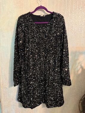 GAP Black Sequin Swing Dress, Large Tall, Evening Out, Little Black Dress